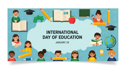 International day of education january 24 illustration with diverse children students learning