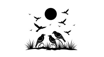 Flock of birds silhouetted against a full moon graphic isolated on a transparent background