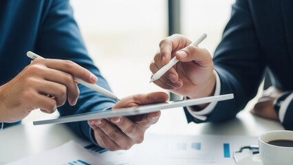 Close up of business partners using stylus on digital tablet. Financial data analysis, office collaboration, technology and project planning. Modern workplace meeting with coffee and charts.