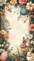 Easter Bunny Floral Frame with Rabbits.