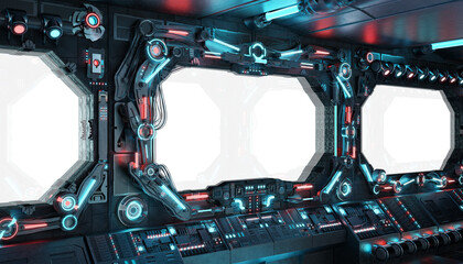 Grunge dark spaceship cockpit with isolated cut out transparent window. Futuristic black starship interior with glowing lights. 3D rendering