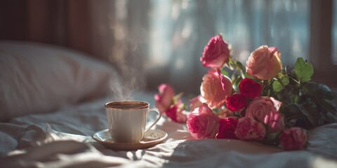 Pink and red roses sit beside a steaming cup of coffee on bedside table. Morning light and soft bokeh add gentle Valentine calm.