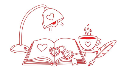 Love-themed reading: Depicting a cozy reading nook illuminated by a heart-shaped lamp, with a book, reading glasses and coffee cup. This illustration evokes a sense of warmth, relaxation.