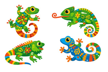Obraz premium Four colorful, stylized lizards against a blurred background.