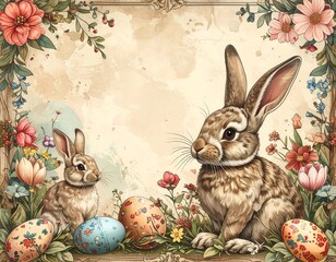 Easter Bunny Rabbits with Eggs and Flowers.