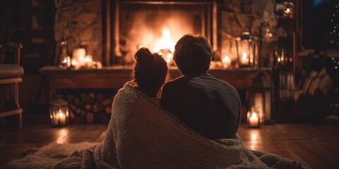 Obraz premium Couple sits on the floor wrapped in a blanket, looking at the fireplace with soft candlelight nearby. The quiet intimacy suggests warmth, closeness and Valentine tenderness.