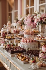 Luxury dessert table with chocolates, macarons, pink eclairs, meringues and fruit tarts creates a lavish display. Pearls and lace add refined romantic Valentine styling.