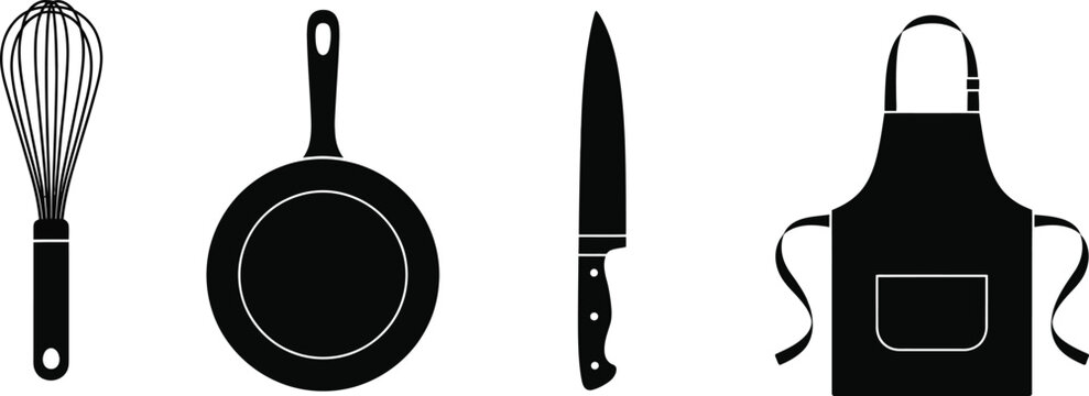 A collection of kitchen utensils including a whisk frying pan chef s knife and apron on transparent background high-quality professional