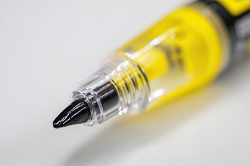 Close-up of a vibrant yellow marker pen tip, ready for detailed artwork and creative writing tasks.