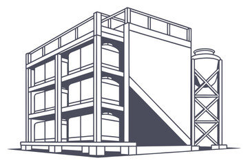 Minimal flat vector illustration of a multi-story industrial building with silo