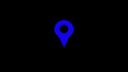 A blue location pin icon on a black background