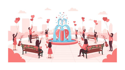Love's Serenade in the City: Romantic gathering at a fountain, where couples celebrate love with heart-shaped balloons, roses, and melodies. A scene of romance and affection in urban setting.