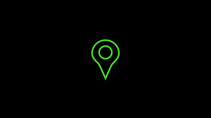 A bright green location pin icon against a stark black background