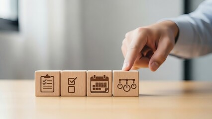 Annual Planning Overview. Wooden blocks with checklist and calendar symbols, organized yearly planning flow for business clarity and execution.
