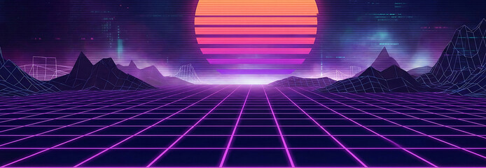 Neon synthwave grid virtual reality metaverse banner