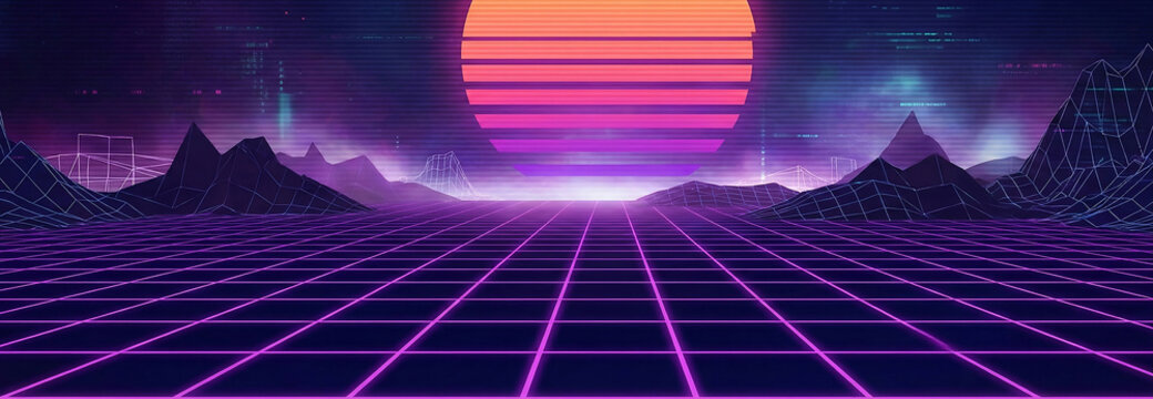 Neon synthwave grid virtual reality metaverse banner - Powered by Adobe