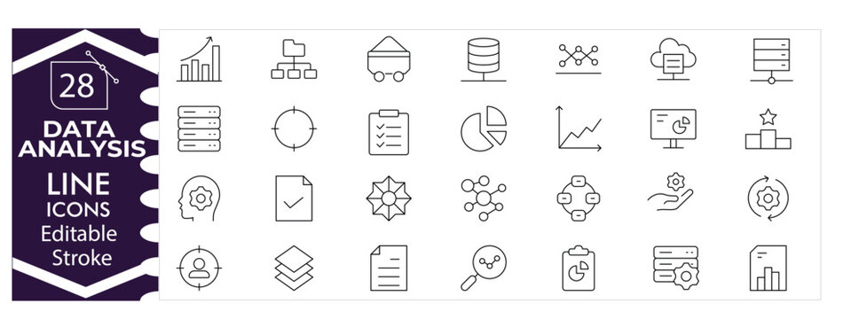 Data analysis icons set, analytics dashboard, charts graphs, statistics, business insights, research data, visualization, technology, reporting, professional design editable stroke vector Illustration