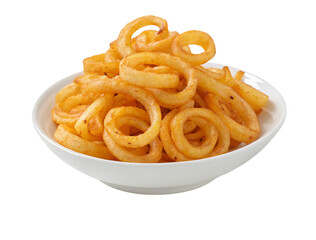 Delicious curly fries in a white bowl on black background