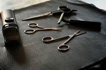 Professional barber and hairdresser tools including scissors and trimmer arranged on a leather mat, representing grooming, hairstyling, and beauty industry equipment.
