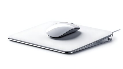 A white wireless pointing device with its accompanying smooth rectangular surface. The surface has a silver border