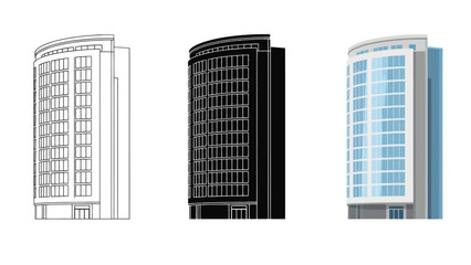 Fototapeta premium Skyscraper Vector Illustration in Three Styles Line Art Silhouette and Color Version for Modern City Architecture Design