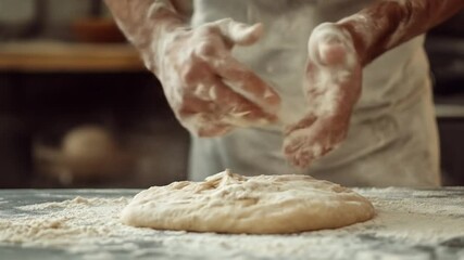 Hands kneading dough on a floured surface in a kitchen setting