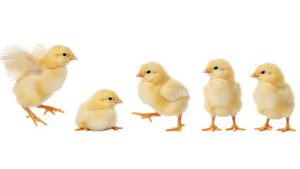 Naklejka premium Cute Yellow Baby Chicks in Various Funny Poses Group Isolated on White Background