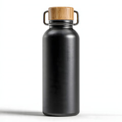 Sleek matte black insulated water bottle with a natural wooden cap and sturdy metal handle, designed for eco-conscious hydration and modern style, perfect for daily use and travel adventures