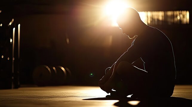 Dramatic Silhouette of Pensive Man Resting on Gym Floor, Bathed in Golden Backlight