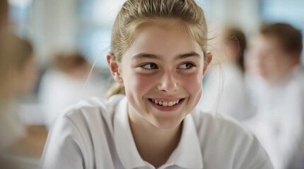 Female student sitting in classroom looking sideways with a smile