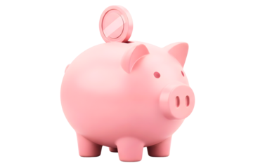 Pink piggy bank with coin being inserted, symbol of saving and finance isolated on transparent background