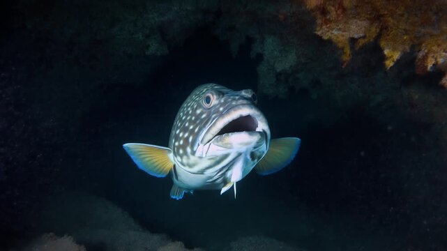 Firefly &ldquo;Giant grouper emerging from a shadowy cave, dust particles floating, moody lighting.&rdquo;_Seed-