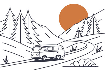 Vintage van driving on a winding road through mountains during sunset, minimalist line art