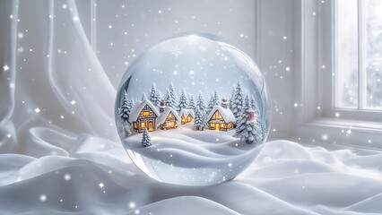 A winter wonderland scene encapsulated within a snow globe, resting on a draped surface. Snow falls gently around