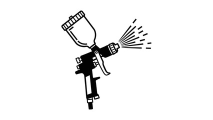 Fototapeta premium Black and white illustration of a spray gun actively spraying paint or liquid, depicting a fine mist being emitted from the nozzle.