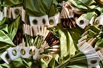 Close-up of folded green satin curtains with decorative rings, showing luxury fabric texture and elegant home interior textile detail.