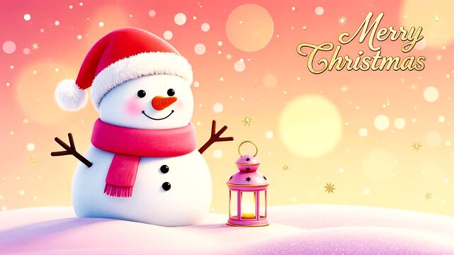 Cute 3D snowman with Santa hat and lantern on bokeh background