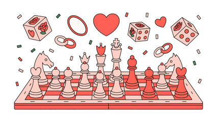 Chessboard's Love Game: A captivating graphic features a chess set reimagined with love and symbolic elements, each piece on the board, representing strategy and the pursuit of connection. © Rahimatul