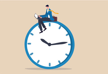 After hours worker, working late overtime or career that work in different time concept, confident businessman using computer laptop sitting on clock working at night with colleague in other country.