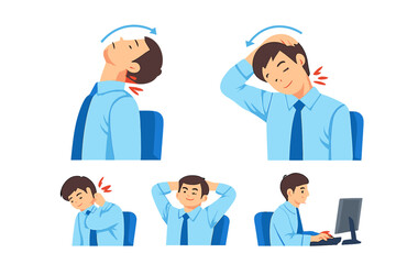 Fototapeta premium Man performing desk stretches for neck and shoulder pain relief