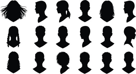 Silhouette collection of diverse human heads and hairstyles in profile and front view showing variety, individuality, and creative portrait illustration