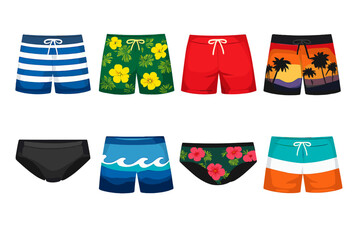 Collection of colorful swim trunks and bikini bottoms