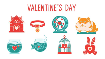 Valentine's Day Pet Supplies: Cute illustrations of Valentine's day themed pet supplies, embodying love, care, and the joy of pet ownership.