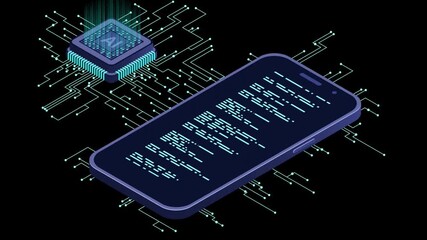 A smartphone displays coding on its screen next to a microchip on a circuit board background. - Powered by Adobe