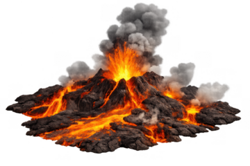 Volcano erupting, lava flowing down mountain, hot magma and volcanic ash smoke on transparent background