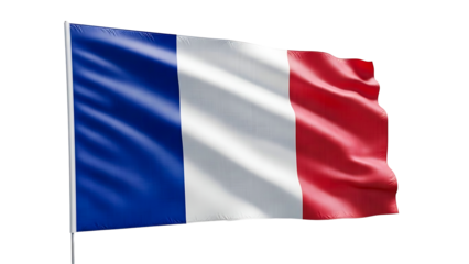 A French flag waving in the wind with blue, white, and red stripes. The flag is a symbol of France, patriotism, and national pride. The design is simple yet striking, with its vertical bands of color.