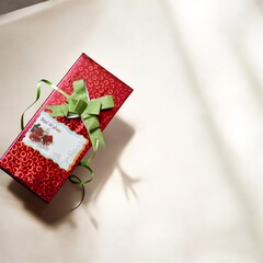 Elegant red gift box decorated with a green ribbon and greeting tag on a clean background, representing celebration, gifting, love, holidays, and special occasions