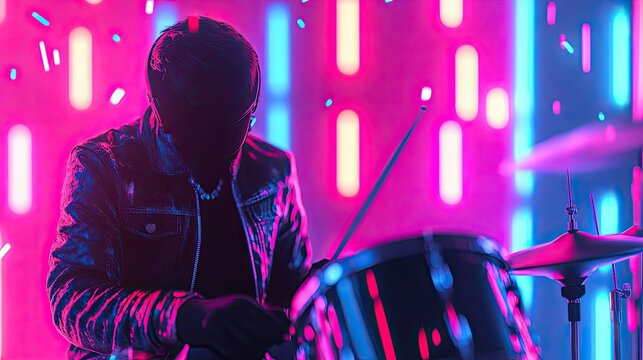 Drummer in Neon Light: Energetic Performance with Vibrant Colors and Dynamic Rhythm