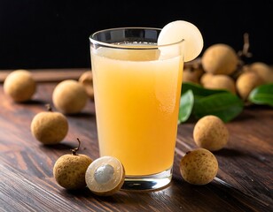 Glass of Longan Juice on Wooden Table.
