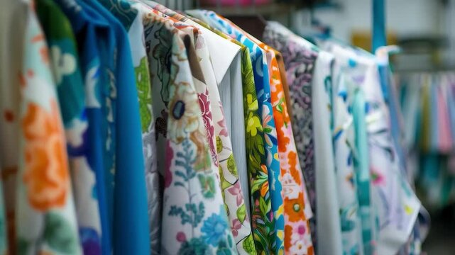 Bright fabrics with floral patterns on hangers showcase a variety of textile colours, ideal as an atmospheric backdrop for advertising fashion collections or designer master classes.
